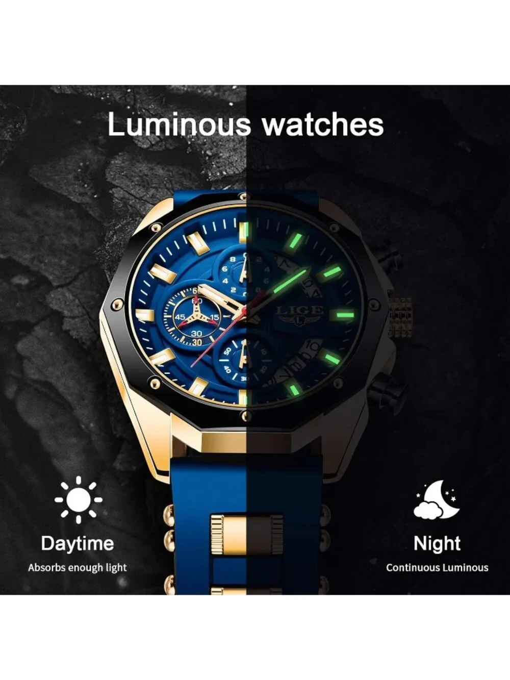 Men's Blue Gold Analog Quartz Unique Vintage Chronograph Waterproof Wrist Watch